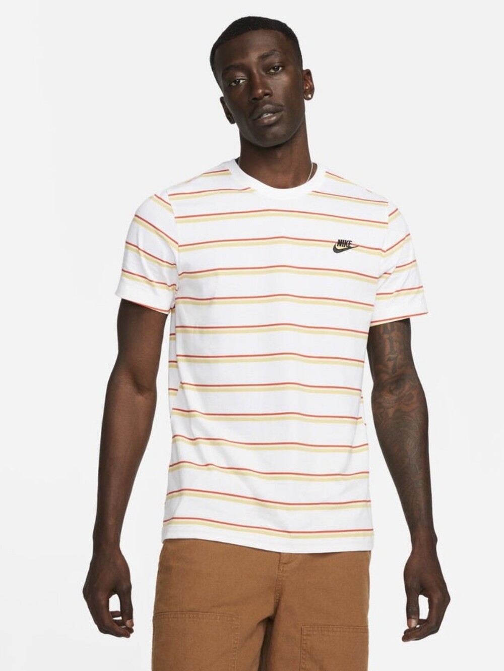 Nike White Short Sleeve Stripe Tee with Red and Yellow Lines
